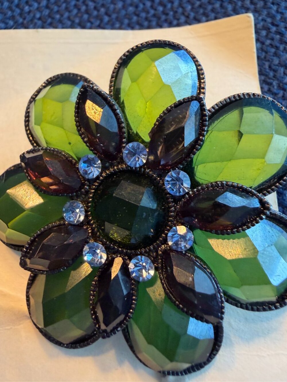 Vintage Green Rhinestone Flower Brooch